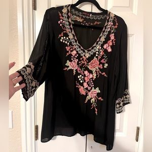 Johnny Was top. Black sheer, floral embroidered. Medium.